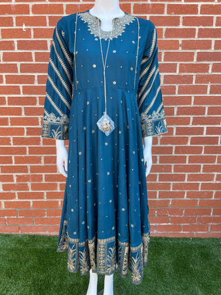 Teal Lawn Dress with Gold Thread Work