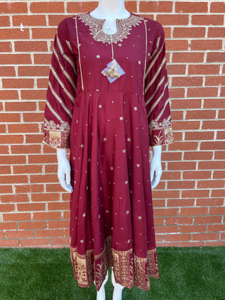 Maroon Lawn Dress with Gold Thread Work