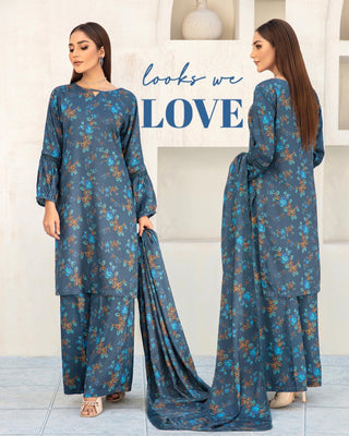 3PC Blue Linen Floral Print Suit with Palazzo Trousers