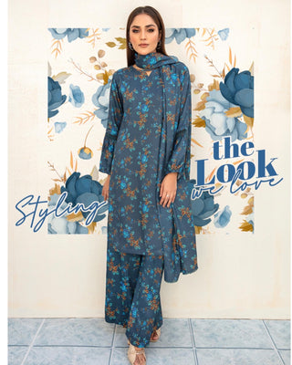 3PC Blue Linen Floral Print Suit with Palazzo Trousers