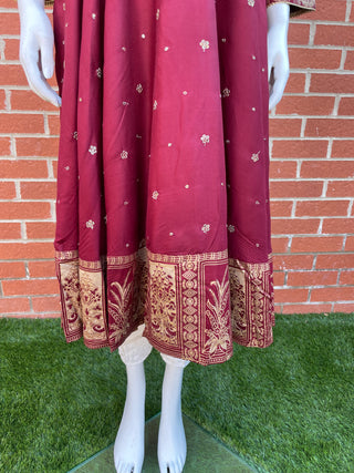 Maroon Lawn Dress with Gold Thread Work