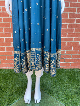 Teal Lawn Dress with Gold Thread Work