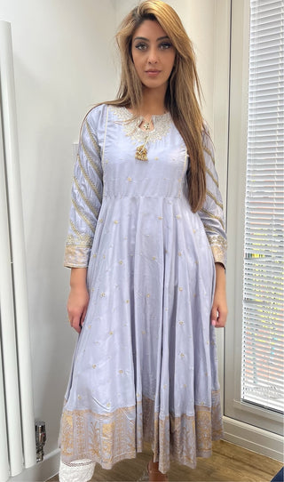 Grey Lawn Dress with Gold Thread Work