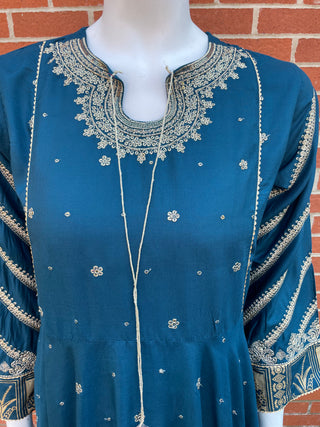 Teal Lawn Dress with Gold Thread Work