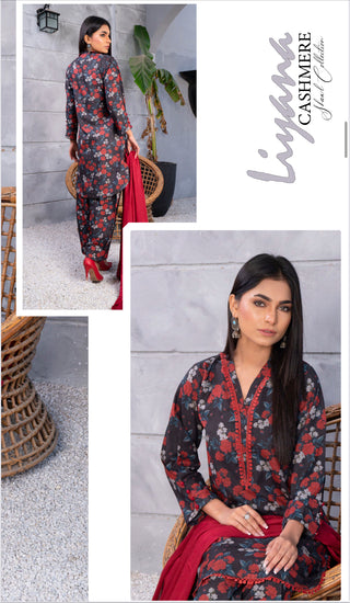 3PC Black & Red Linen Floral Print Suit with Contrast Pashmina