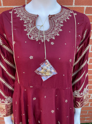 Maroon Lawn Dress with Gold Thread Work