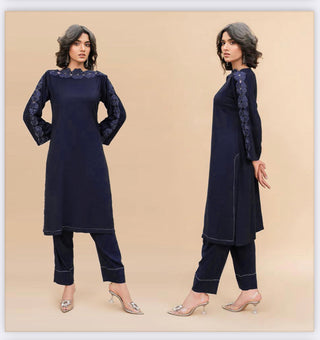 Navy Blue 3pc Linen Cutwork Suit