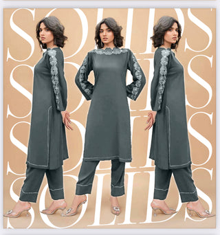 Silver Grey 3pc Linen Cutwork Suit