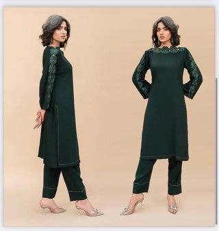 Bottle Green 3pc Linen Cutwork Suit